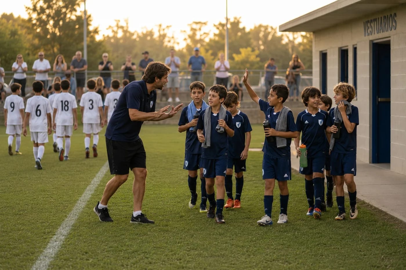 Entrenador felicitando a su equipo de fútbol base al salir del campo
